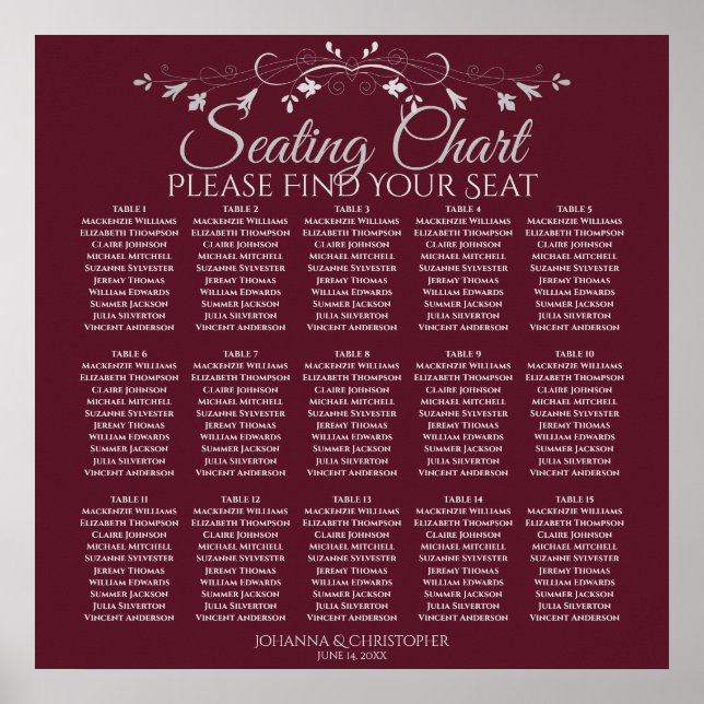 15 Tabelle Elegant Burgundy Hochzeitstabelle Poster (Vorne)