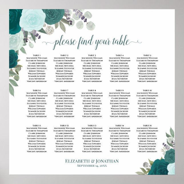 15 Tabelle Elegante Aquamarine Rose Hochzeitsdiagr Poster (Vorne)