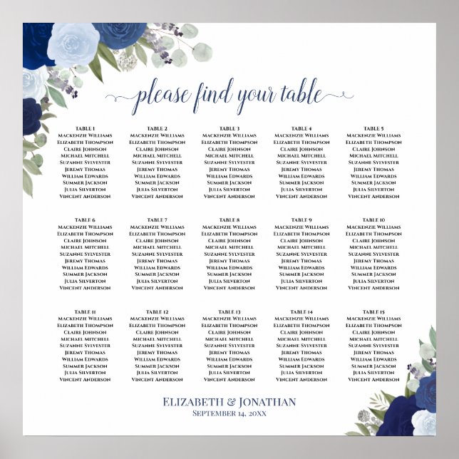 15 Tabelle Elegante blaue Rose Hochzeitstabelle Poster (Vorne)