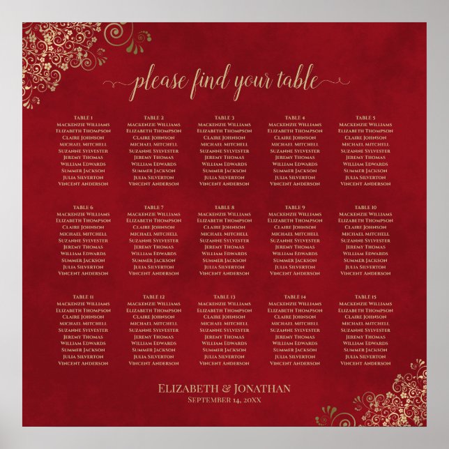 15 Tabelle Hochzeitsstempel Gold Spitze auf Rot Poster (Vorne)