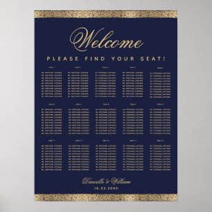 15 Table Elegant Navy Blue Gold Seating Chart Poster