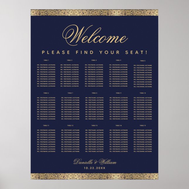 15 Table Elegant Navy Blue Gold Seating Chart Poster (Vorne)