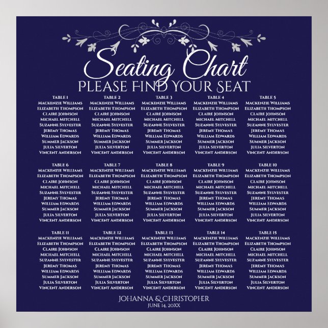 15 Table Elegant Navy Blue Wedding Seating Chart Poster (Vorne)