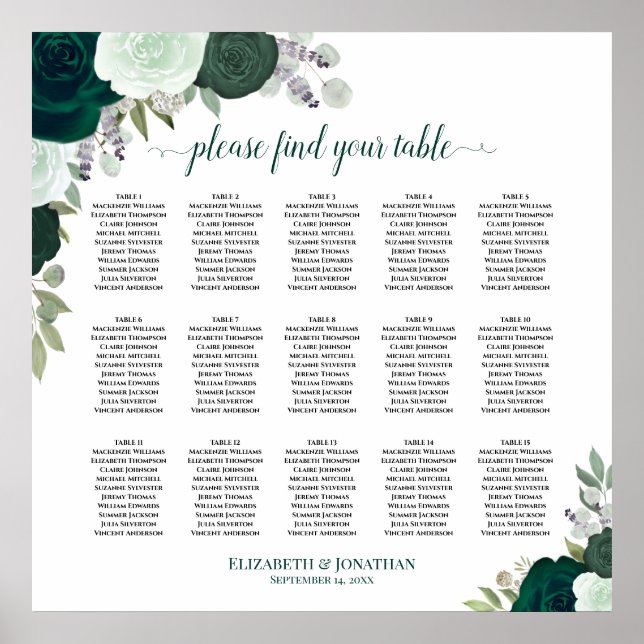 15 Table Emerald Rose Chic Wedding Seating Chart Poster (Vorne)