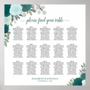 15 Tisch Elegante Teal Rosen Hochzeit Sitzordnung Poster