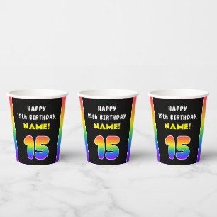 15th Birthday: Colorful Rainbow # 15, Custom Name Pappbecher