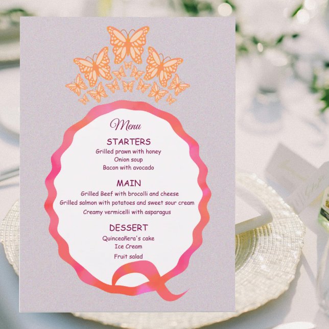 15th Birthday Quinceanera Butterfly Crown Squiggle Menükarte (Von Creator hochgeladen)