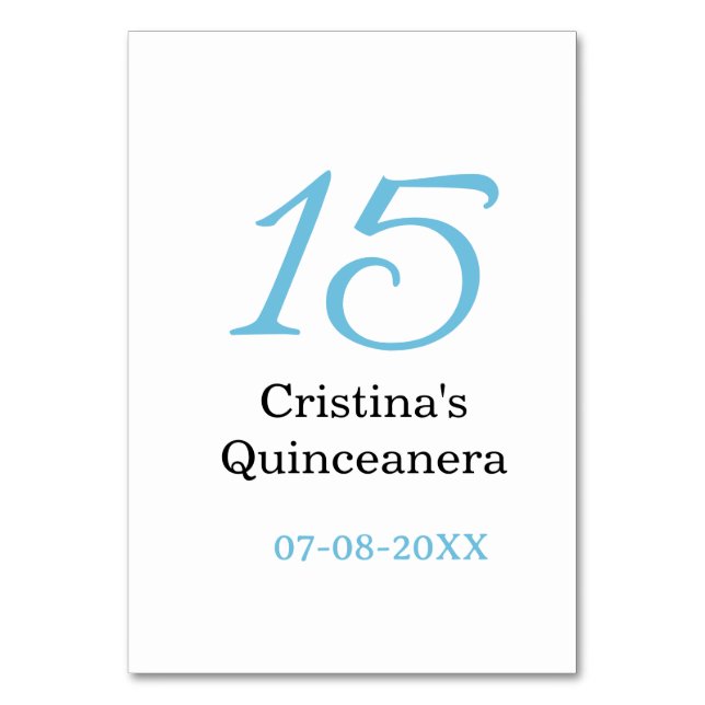 15th quinceanera birthday blue black bold letter n tischnummer (Vorderseite)