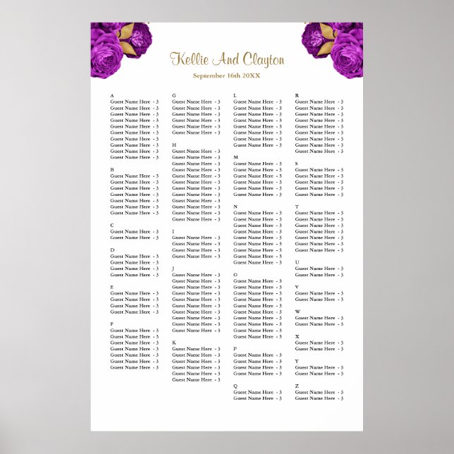 160 Hochzeitskarten für Lila und goldene Blumen Poster (Vorne)