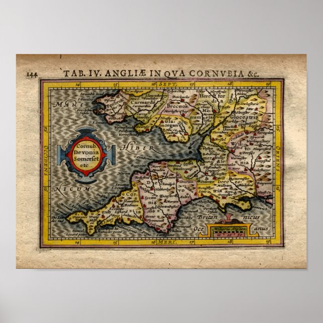 1610 Karte von Cornwall, Devon, Somerset, etc... Poster (Vorne)