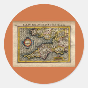 1610 Karte von Cornwall, Devon, Somerset, etc... Runder Aufkleber