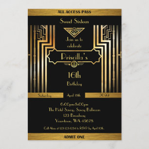 16., 16. Geburtstag, Gatsby-Stil, schwarz & gold Einladung