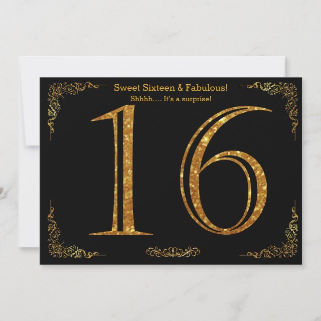 16., 16 . Geburtstag, Geburtstagsparty, schwarzer  Einladung (Vorderseite)