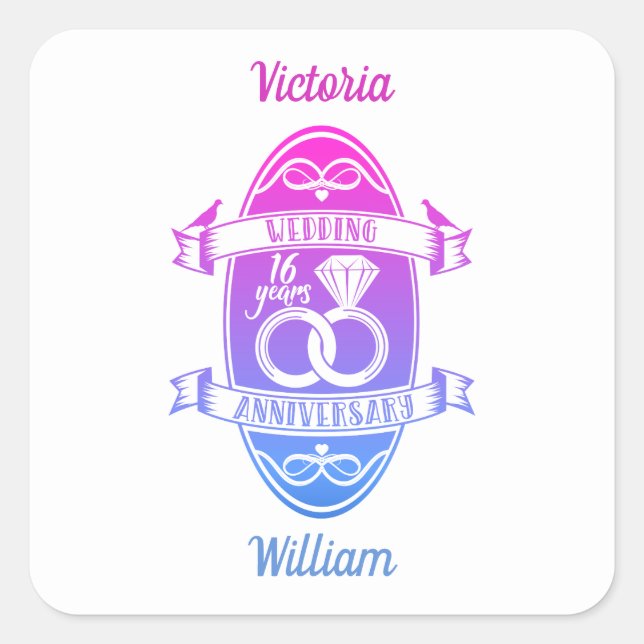 16. 16. Hochzeitstag Quadratischer Aufkleber (Vorderseite)