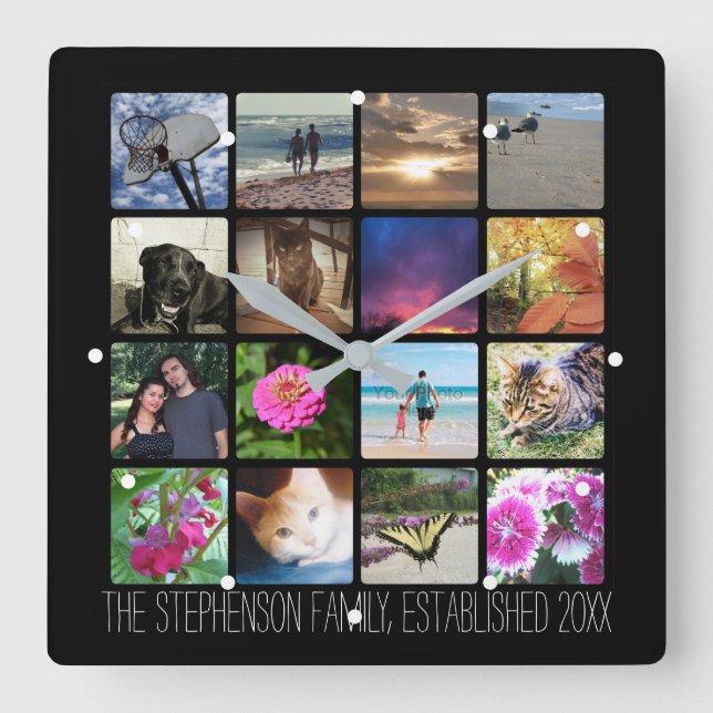 16 abgerundete Ecken FotoCollage oder Instagramm Quadratische Wanduhr (Vorderseite)