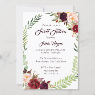 16. Floral Wreath Burgund 16 . Geburtstag Einladung