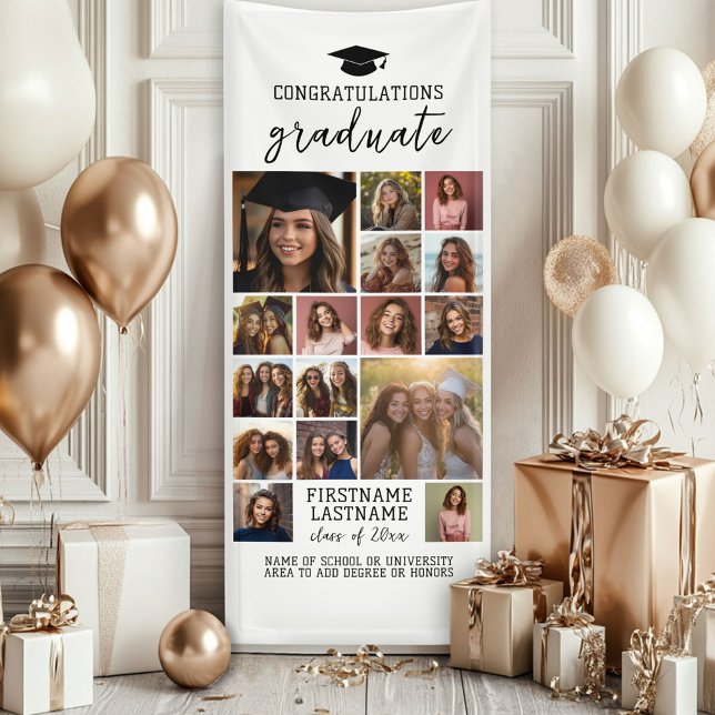 16 Foto Collage Abschluss Moderner Minimal Weiß Banner (Custom Graduation Photo Banner - Great backdrop and Graduation Party Decoration)