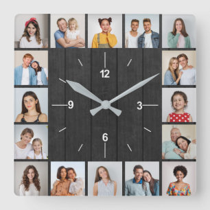 16 Foto Collage Dunkelgraue Holzzaun Quadratische Wanduhr