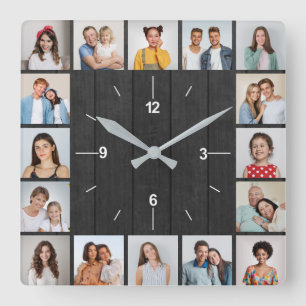 16 Foto-Collage Dunkelgrauer Holzzaun Quadratische Wanduhr