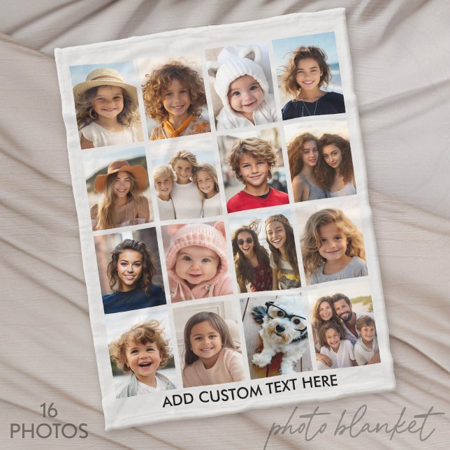 16-Foto-Collage - Hellgrau mit Text Fleecedecke (Custom Photo Blankets)