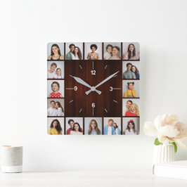 16 Foto Collage Red Imitats Holzzaun Quadratische Wanduhr