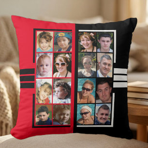 16 Foto-Collage schwarz, beidseitig rot Kissen