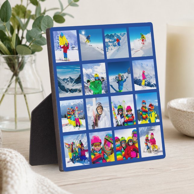 16 Foto-Gitter-Collage Dunkelblau Fotoplatte (16 Photo Grid Collage Dark Blue Plaque)