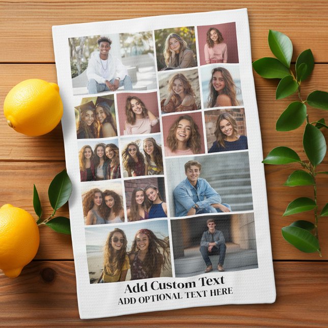 16 FotoCollage - Benutzerdefinierter Text - Schwar Geschirrtuch (Custom Kitchen Towel with Photo Collage)