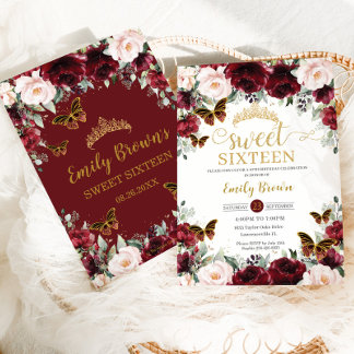 16 . Geburtstag 16 Burgundy Blush Floral Butterfli Einladung