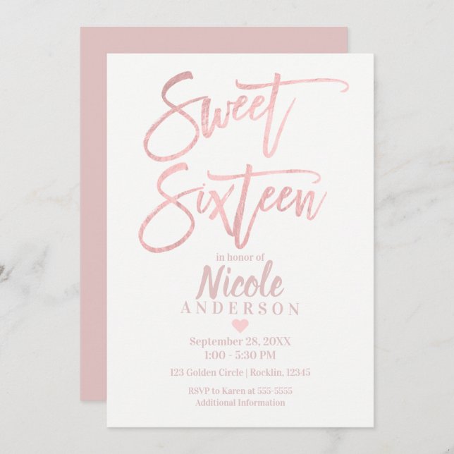 16 . GEBURTSTAG 16 Elegante Rose Einladung (Vorne/Hinten)