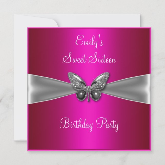 16 . Geburtstag 16 Fuschia Silver Butterfly Jewel Einladung (Vorderseite)