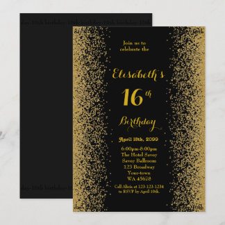 16., Geburtstag 16., Glitzer, schwarzes Gold Einladung