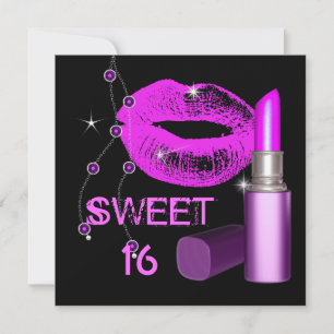 16 . Geburtstag 16 Hot Pink Lips Schwarzer Lipstic Einladung