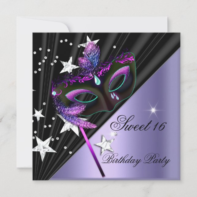 16 . Geburtstag 16 Lilac Black Silver Mask Einladung (Vorderseite)