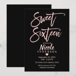 16 . GEBURTSTAG 16 Rose Gold Foil & Black Modern Einladung