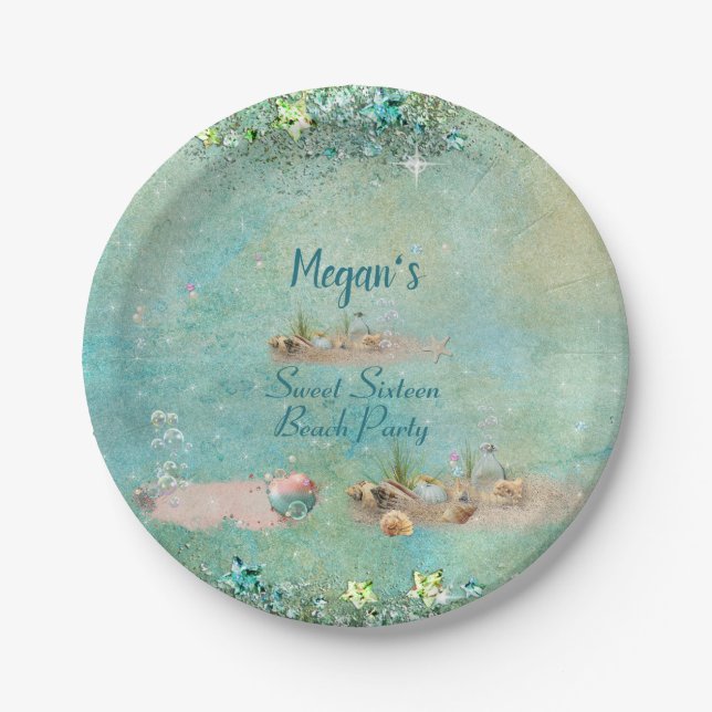 16 . Geburtstag Beach Tropical Seashells & Pearls Pappteller (Vorderseite)