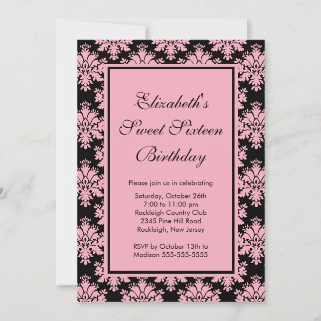 16 . Geburtstag Birthday Einladung Pink Damask (Vorderseite)