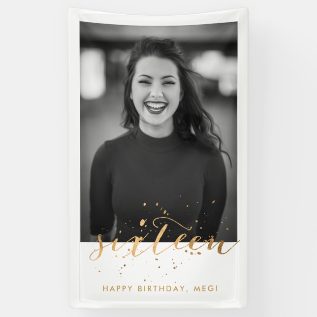 16 . Geburtstag Birthday Foto Gold Confetti Banner (Vertikal)