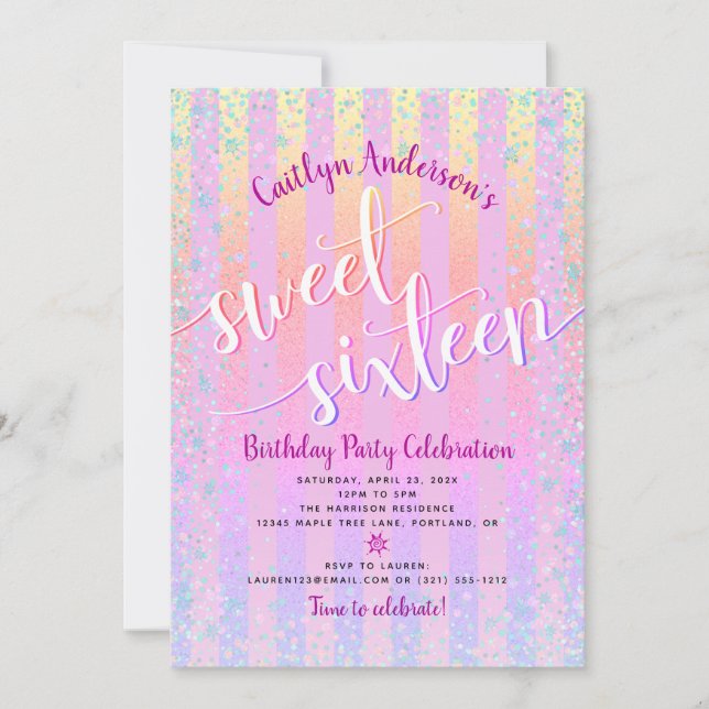 16 . Geburtstag Birthday Pink Lila Ombre Streifen Einladung (Vorderseite)