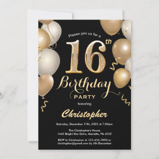 16. Geburtstag Black and Gold Balloons Confetti Einladung