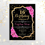 16. Geburtstag - Black Gold Rosa Roses Einladung<br><div class="desc">16. Geburtstagsfeier Einladung. Elegantes schwarzes Design mit Imitaten Glitzer Gold und rosa Rosen. Features stilvolle Skript-Schriftart und Konfetti. Ideal für eine elegante Geburtstagsfeier. Kann in jedem Alter angepasst werden.</div>