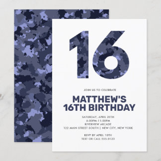16. Geburtstag, Blaue Camouflage Personalisierter Einladung