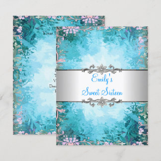 16 . Geburtstag Blue Floral mit Silver Birthday Einladung