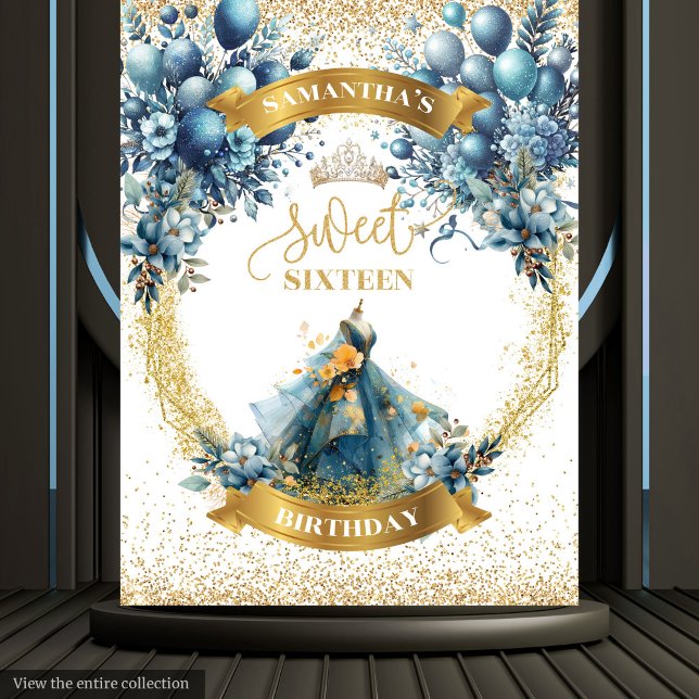 16 . Geburtstag Blue Gold Aquarellkleidung Hinterg Wandteppich (Sweet Sixteen Blue Gold Watercolor Dress Backdrop)