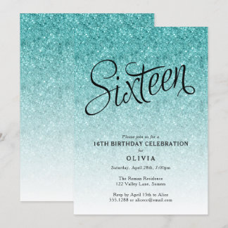 16. Geburtstag Blue Ombre Glitzer Einladung