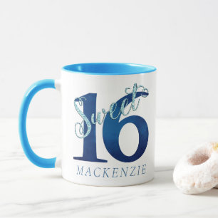16. Geburtstag   Blue Watercolor und Imitats Glitz Tasse