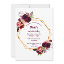 16. Geburtstag bordeauxfarbene Blumen Gold geometr