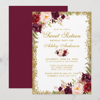 16 . Geburtstag Burgundy Floral Gold Glitzer Einladung