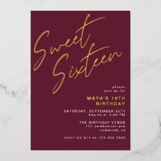 16 . Geburtstag Burgundy Red and Gold 16. Geburtst Folieneinladung