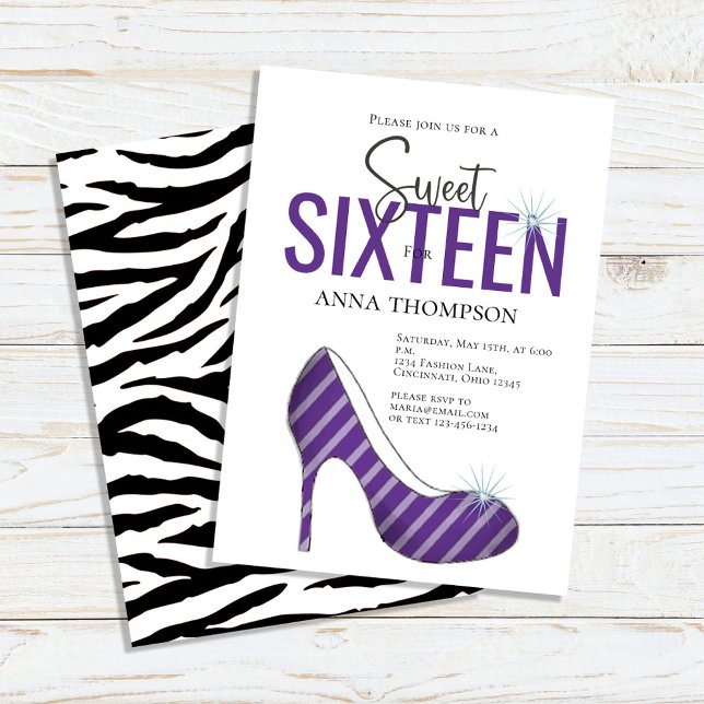 16 . Geburtstag Chic Girl Birthday Party Einladung (Sweet 16 custom invitations with purple-colored high-heeled shoes. )